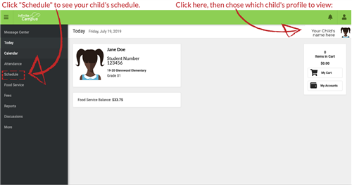 A screenshot showing how to view a student's schedule in IC